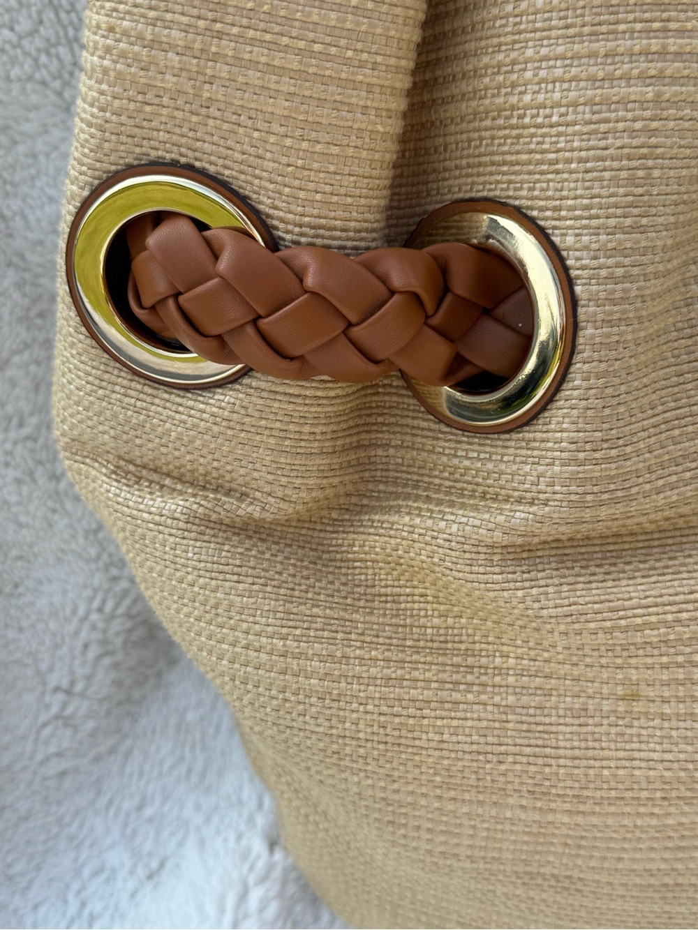 Michael Kors Large Woven Straw Hobo Bag Braided Leather Strap Grommet Tassel Nat - Picture 6 of 16